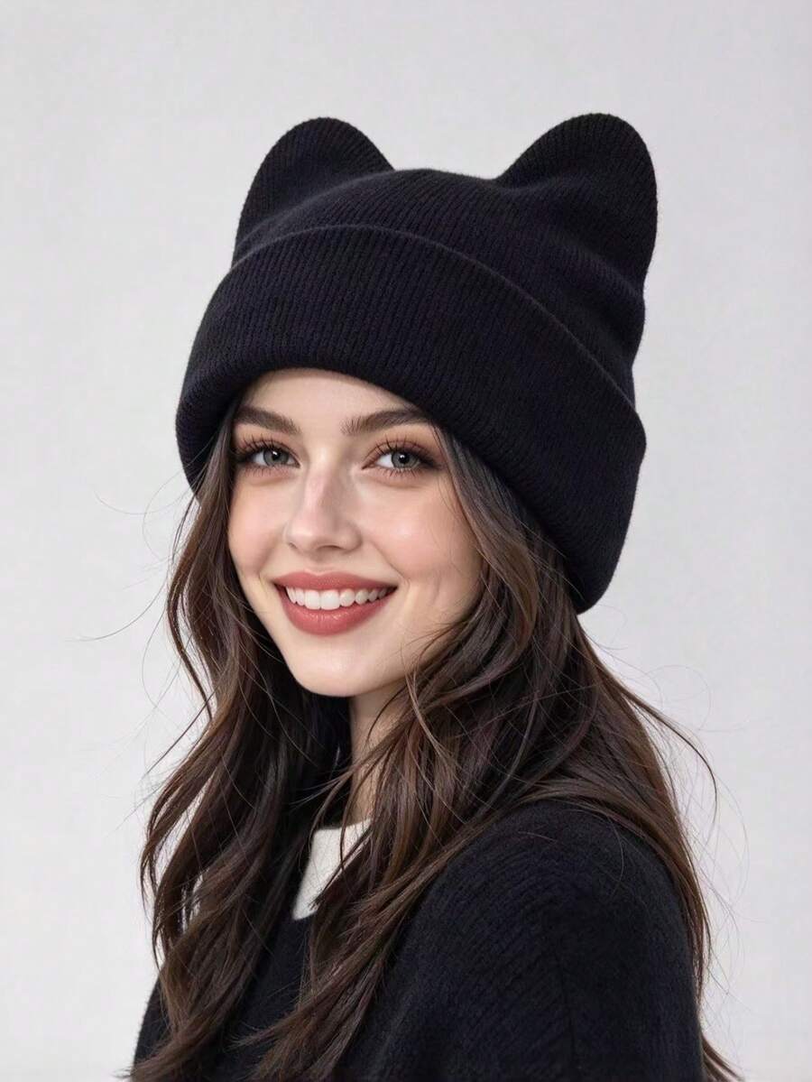1pc Women's Fashion Solid Color Versatile 3D Cat Ear Knit Beanie Hat, Suitable For Autumn/Winter Daily Warmth And Travel Outfits - A - View 1