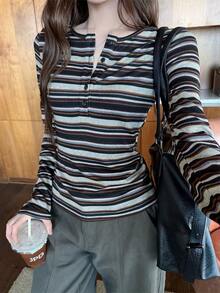Women's Vintage Striped Fitted Slimming T-Shirt - Brown - View 5