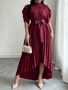 Elegant Plus Size Burgundy Dress, Short Petal Sleeves, Stand Collar, Pleated Asymmetric Hem, Perfect Choice For Autumn - Burgundy - View 4