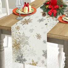 1-Piece Linen Table Runner, Designed With Various Snowflake Patterns In Gold And Silver, Durable Indoor And Outdoor Holiday Table Flags, Suitable For Kitchen, Restaurant, And Christmas Party Decoration, Holiday Themes, And Home Decor. - Multicolor - View 2