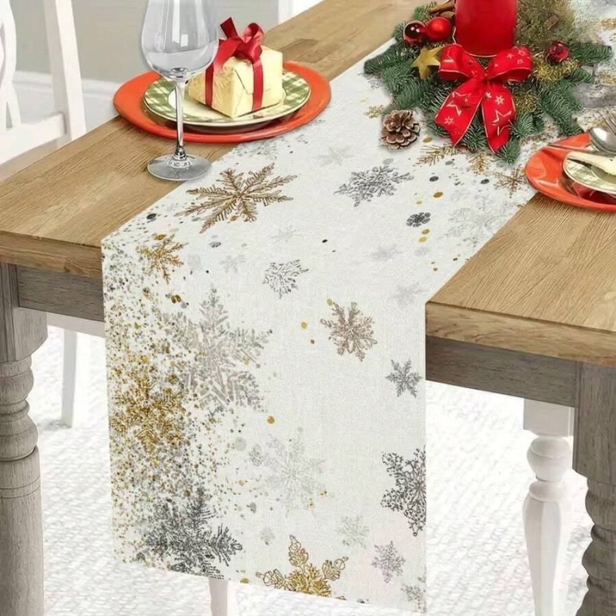 1-Piece Linen Table Runner, Designed With Various Snowflake Patterns In Gold And Silver, Durable Indoor And Outdoor Holiday Table Flags, Suitable For Kitchen, Restaurant, And Christmas Party Decoration, Holiday Themes, And Home Decor.