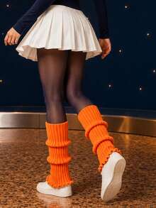 Women's New Bright Orange Ribbed Knit Leg Warmers Three Tier Ruffle Slouchy Open Foot Calf Socks Y2K Boot Covers For Streetwear Dance Festival Outfits - Multicolor - View 12