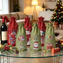 CARRIECUR 6/12/18Pcs Christmas Wine Bottle Gift Bags, Red & Green Linen Drawstring Wine Gift Sacks With Santa Snowman Christmas Tree Pattern, Reusable Xmas Holiday Wine Bottle Wrapping Pouches - Green - View 2