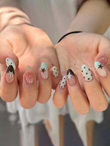 24pcs Y2K Sweet & Cool Style Press-On Nails, Almond Shaped Fake Nails, Mint Green & Nude Pink Gradient, Black Star Print, Polka Dot & Black French Tip Design, Reusable Adhesive Fake Nails, Suitable For Daily Wear And Dates - You Make Me Melt - View 2