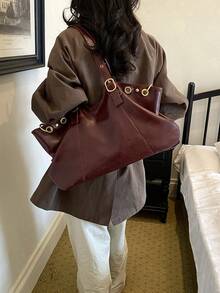 Women's Tote Bag, Vintage Faux Leather Shoulder Bag, Adjustable Strap, Gold Hardware, Large Capacity, Suitable For Commuting, Daily Shopping, Burgundy Red - Burgundy - View 2