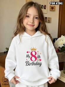 Kids 8th Birthday Crown Heart Print Loose Fit Hoodie, Cute Casual Long Sleeve Cotton Sweatshirt For Spring & Fall - White - View 3