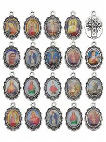 Mixed Image Enamel Our Lady Medal Floral Rosary Centerpiece Jesus Mary Catholic Alloy Crucifix Jewelry Making Charm 19mmx12mm - Multicolor - View 3