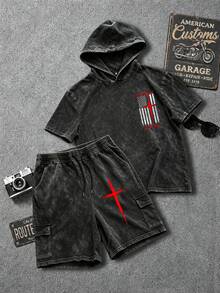 [Simple]Men's Retro Distressed Hooded Short-Sleeve T-Shirt And Cargo Shorts Set, Machine Washable Fabric, Printed Set, Comfortable Summer Streetwear. - Black - View 4
