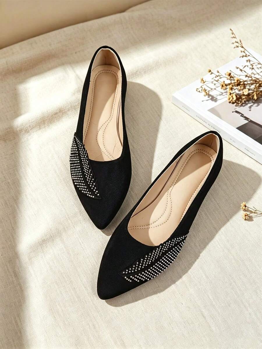 Women's Pointed Toe Flat Ballet Shoes, Black Faux Suede With Rhinestone And Feather Decor, Low Vamp, Soft Sole, Comfortable, Flattering, Elegant Luxury Style For Commute, Party, Daily Wear - Black - View 1