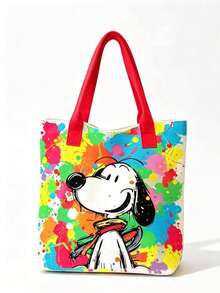塗鴉 Snoopy 印花帆布托特包，彩色潑墨藝術單肩包，大容量休閒手提包，時尚女款日常購物包 - E - 查看 6