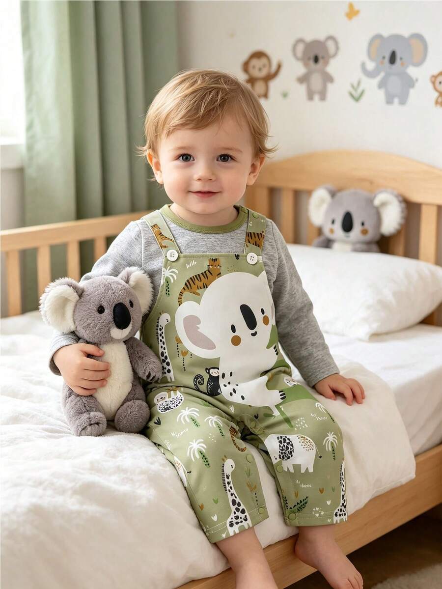 Baby 2-In-1 Faux Layered Overalls Romper, Cute Koala Jungle Animal Print Long Sleeve Infant Jumpsuit - Olive Green - View 1