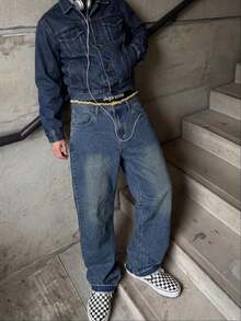 Men's Vintage Blue Washed Distressed Denim Jeans With Frayed Waistband, Loose Straight Leg, Frayed Hem And Frayed Back Pockets - Blue - View 3