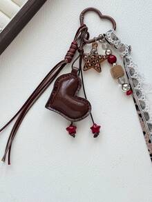 1pc Vintage Leather Heart-Shaped Bag Charm With Leopard Print, Star, Tassel And Beaded Keychain, Autumn/Winter Coffee Color - Multicolor - View 2