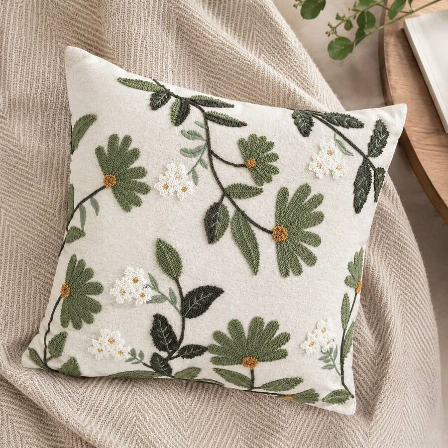 1pc Embroidered Botanical Floral Throw Pillow Cover, Sage Green Daisy Tufted Cushion Case, Boho Farmhouse Decorative Pillowcase For Couch Living Room Home Decor (Without Insert)