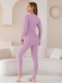 1 Set Women's Medium-Thick Knitted Wool & Silk Comfortable Slim Fit Thermal Warm Home Wear Set For Autumn, Winter And Spring - Mauve Purple - View 2