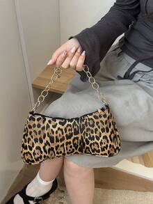 Fashion Leopard Print Chain Baguette Bag Chain Crescent Shoulder Bag Coin Purse - Brown - View 2