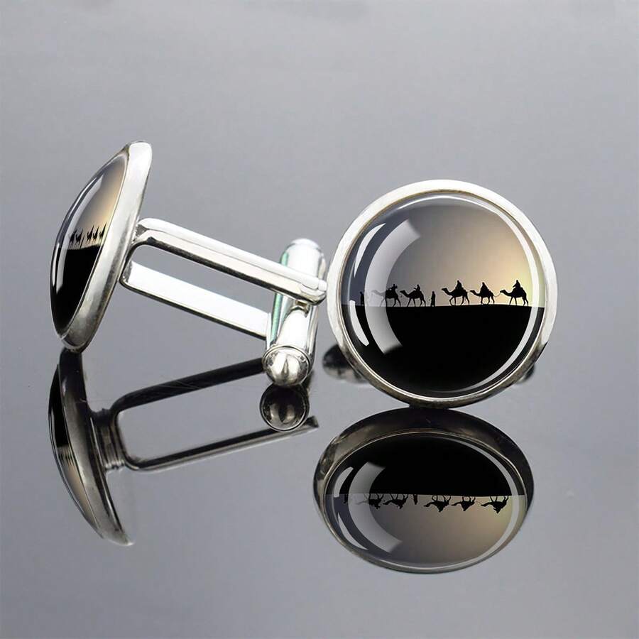 1 Pair Desert Camel Pattern Men's Formal Glass Inlaid Cufflinks, Elegant Round Design, Exquisite Jewelry Accessory Gift - Silver - View 1