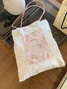韓式亮片粉色與銀色亮片小眾設計 INS 風格大容量天鵝絨拼接托特包，通勤休閒日常購物單肩隨性手提包 - 粉色 - 查看 5