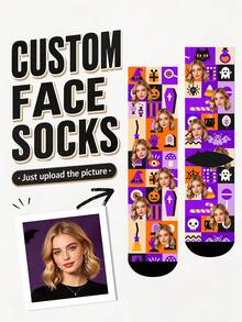 1 Pair Custom Face Halloween Crew Socks, Personalized Photo Socks With Pumpkin, Bat & Candy Print, Funny Spooky Gift For Men Women Couples - Multicolor - View 5