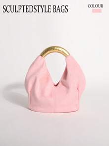 1pc Light Pink Textured Velvet Ruffled Design Vintage Metal Hardware Handbag, Exquisite Fashion Zipper Bucket Bag, Suitable For Commuting And Shopping - Baby Pink - View 8