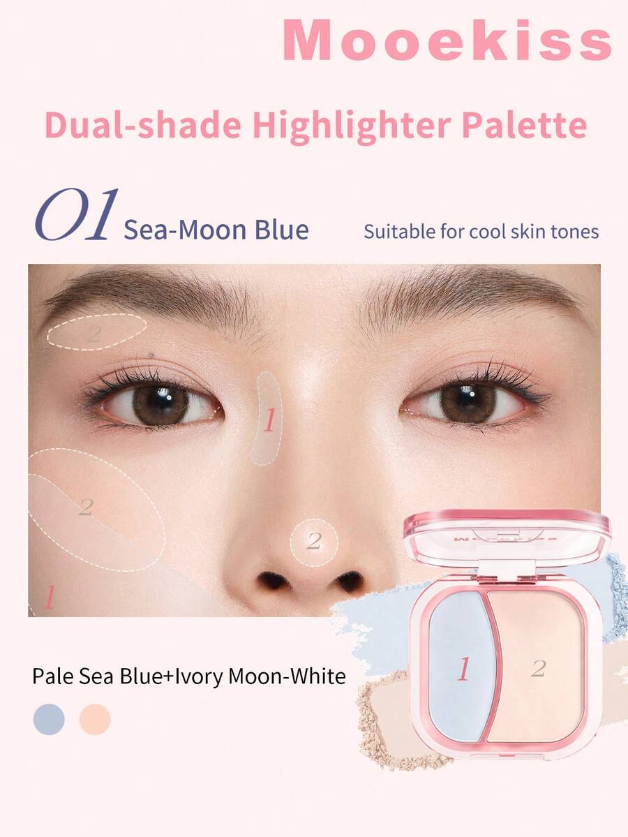 Mooekiss Highlighter Wajah Dual-Tone Berkilau Tinggi dengan Kontur 3D untuk Struktur Tulang, Riasan Bergaya Korea yang Menawan - 01 Biru Bulan Laut - View 1