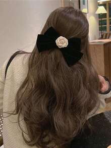 1 Black Velvet Bow Hair Clip Adorned With A Camellia – Vintage French-Style Large Bow – Elegant Hair Accessory For Women And Girls (Autumn Style) - Multicolor - View 4