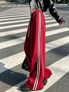 Celana Panjang Wanita Warna Burgundy Model Lurus dengan Tali Serut, Bahan Poliester, Gaya Streetwear Poliester Panjang dan Longgar Warna Merah - Merah - View 4