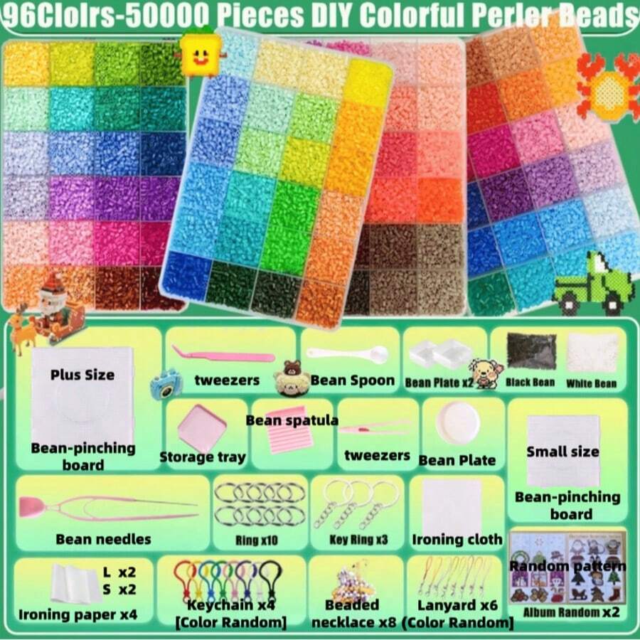 50,000pcs Premium Melt Beads, 96 Colors 4 Boxes Perler Bead Set, 2.6mm Melt Beads, 51pcs Deluxe Tool Set, Multiple Pattern Reference Instructions, Mixed Color Lanyard