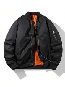 Men's Orange Lining Flight Jacket, Multi-Pocket With Arm Pocket Zipper Ribbed Collar Fashion Casual Outerwear, Suitable For Spring And Autumn Wear - Black - View 4