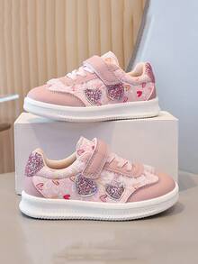 Sepatu Tenis Anak Perempuan Warna Pink dengan Hiasan Renda dan Rumbai, Motif Hati, Dekorasi Hati Berlian Imitasi, Tali Pengikat Kait & Velcro, Sol Karet Lembut Anti Selip, Sepatu Sneaker Kasual Anak yang Lucu - Berwarna merah muda - View 1