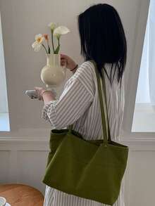 美式Ins風甜酷辣妹橄欖綠通勤逛街日常購物手提肩背托特包 大容量腋下托特包 大包 可愛包 - 橄欖綠 - 查看 3