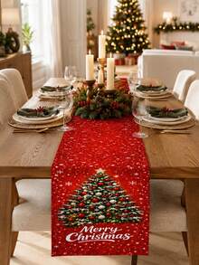 1PC Merry Christmas Linen Table Runner, Red Snowflake Christmas Tree Print Table Runner, Festive Farmhouse Dining Table Centerpiece Decor For Kitchen Dining Room, Xmas Party, Holiday Dinner, Winter Seasonal Home Decoration - Multicolor - View 1