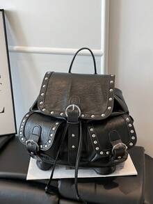 Dedoo Mochila con cordón de unicolor, decoración de remaches, bolsillos delanteros dobles, gran capacidad, bolsa escolar para estudiantes, estilo punk cool de campus - Negro - Ver 3