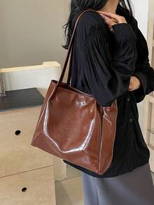極簡風純色亮面女款手提包，現代通勤風單肩包，適合購物與通勤的大容量包 - 棕色 - 查看 4