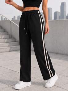 Women's Casual Track Pants With Wide Leg Silhouette Double Side Stripes Elastic Drawstring Waist For Everyday Wear - Black - View 1