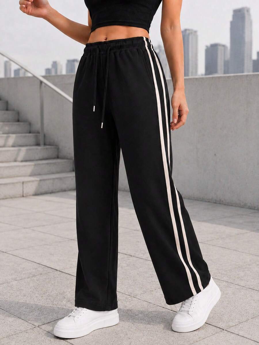 Women's Casual Track Pants With Wide Leg Silhouette Double Side Stripes Elastic Drawstring Waist For Everyday Wear - Black - View 1
