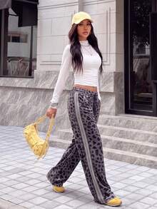 Women's Gold Velvet Loose Straight Leg Pants With Side Woven Tape Leopard Print Long Pants For Daily Casual Commute Running Workout Dating Work With Pockets Contrast Color - Black - View 4