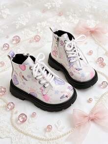 1 Pair Kids Cute Doodle Pattern Boots With Lace-Up And Side Zipper, Suitable For Holiday Parties, Daily Outings, School Commute, Autumn/Winter - Pink - View 6