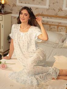RS Pajama1 Floral Print Bubble Crepe Ruffle Short Sleeve Nightgown With Bow Decor, Square Neck - Baby Blue - View 8