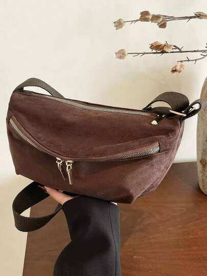 Women Vintage Suede‑Texture Crossbody Sling Bag, Dark Brown Soft Faux Suede Hobo Shoulder Bag, Multi‑Zipper Pocket Casual Crescent Messenger Purse.