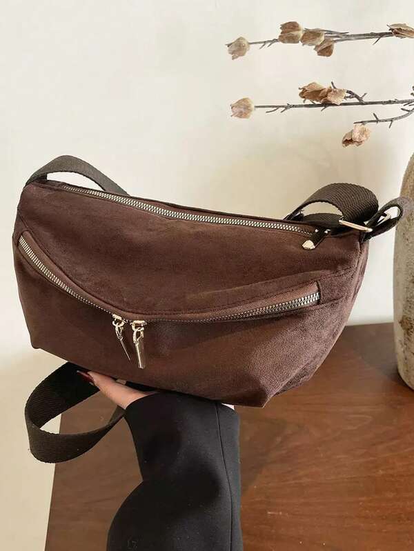 Women Vintage Suede‑Texture Crossbody Sling Bag, Dark Brown Soft Faux Suede Hobo Shoulder Bag, Multi‑Zipper Pocket Casual Crescent Messenger Purse.
