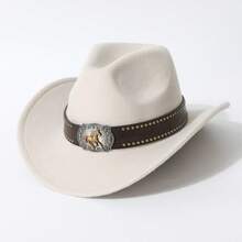 Unisex Classic Western Style Felt Cowboy Hat, Suitable For Horse Riding, Wilderness Photography, Equipped With Running Horse Badge Riveted Leather Strap, Equipped With Running Horse Badge Riveted Leather Strap, Horse Riding, Wilderness Photography, Western Theme Party, Halloween Party, Stage Outfit, Hat, Cap, Cowboy Hat - Multicolor - View 8