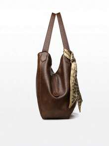 Elegant Business Style Solid Color Textured Bucket Shoulder Bag With Scarf Strap Decor, Suitable For Daily Commute And Gatherings - Brown - View 6