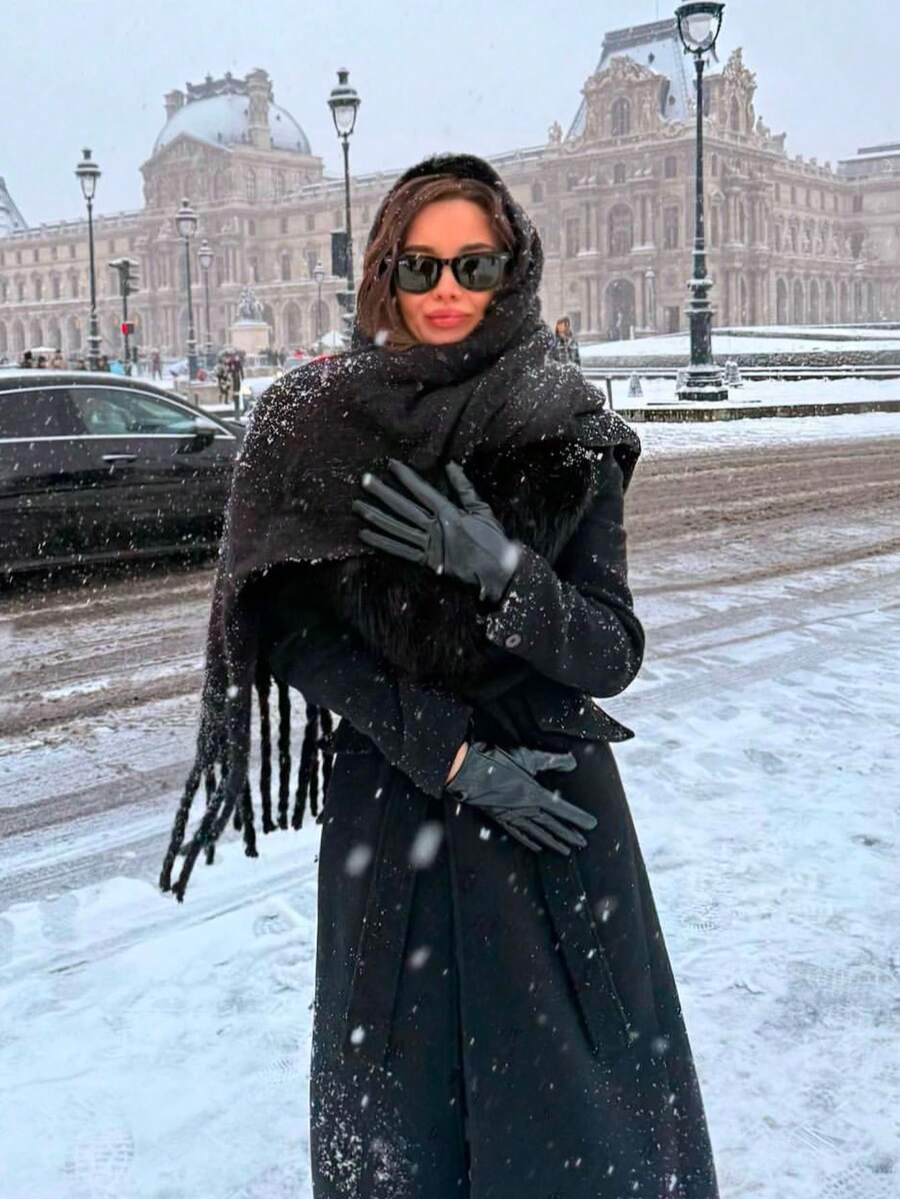 1pc Women Autumn/Winter New Plush Tassel Scarf, Warm And Large Shawl And Warm For Outdoor, Simple And For Daily Wear Scarves - Black - View 1