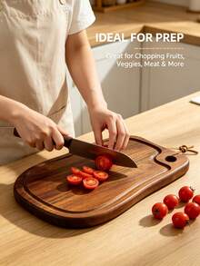 Wooden Cutting Board, Household Kitchen Chopping Board, Deep Groove Design, Double-Sided Wooden Serving Tray, Leather Hanging Strap, Home Kitchen Essential, Suitable For Cutting Meat, Fruit, Vegetables, Cheese, Breakfast, Dinner, Party Decorative Platter - Khaki - View 2