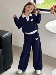 Tween Girl Cartoon Heart Print V-Neck Long Sleeve Warm Sweatshirt And Pants - Royal Blue - View 1