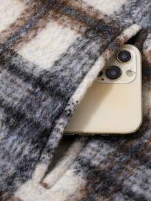 Premium Chic Contrast Color Plaid Winter Short Overcoat Patchwork Top Elegant Travel Casual Vacation - Apricot - View 5