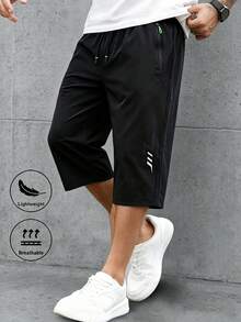 Men's Solid Color Sports 3/4 Pants, Elastic Drawstring Design Adjustable And Pockets Convenient To Carry, Lightweight And Comfortable, Suitable For Summer Sports And Casual Wear - Black - View 2