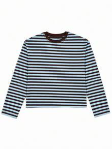 Blusa casual de mujer SDNGED, de tela acanalada con bloques de color a rayas, para uso diario en primavera/otoño - azul-marrón - Ver 5