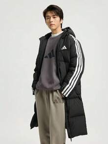 Jaket bulu angsa panjang berbahan katun berlapis, gaya dasar adidas, serbaguna, unisex, hangat, tahan angin, anti air, bergaris, berresleting, berkerudung, KC2498 - Hitam - View 1